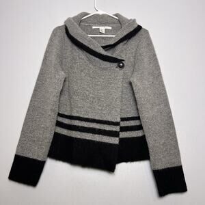 Max Studio Women's Wool Blend One Button Shawl Neck Cardigan Gray Black Sz L